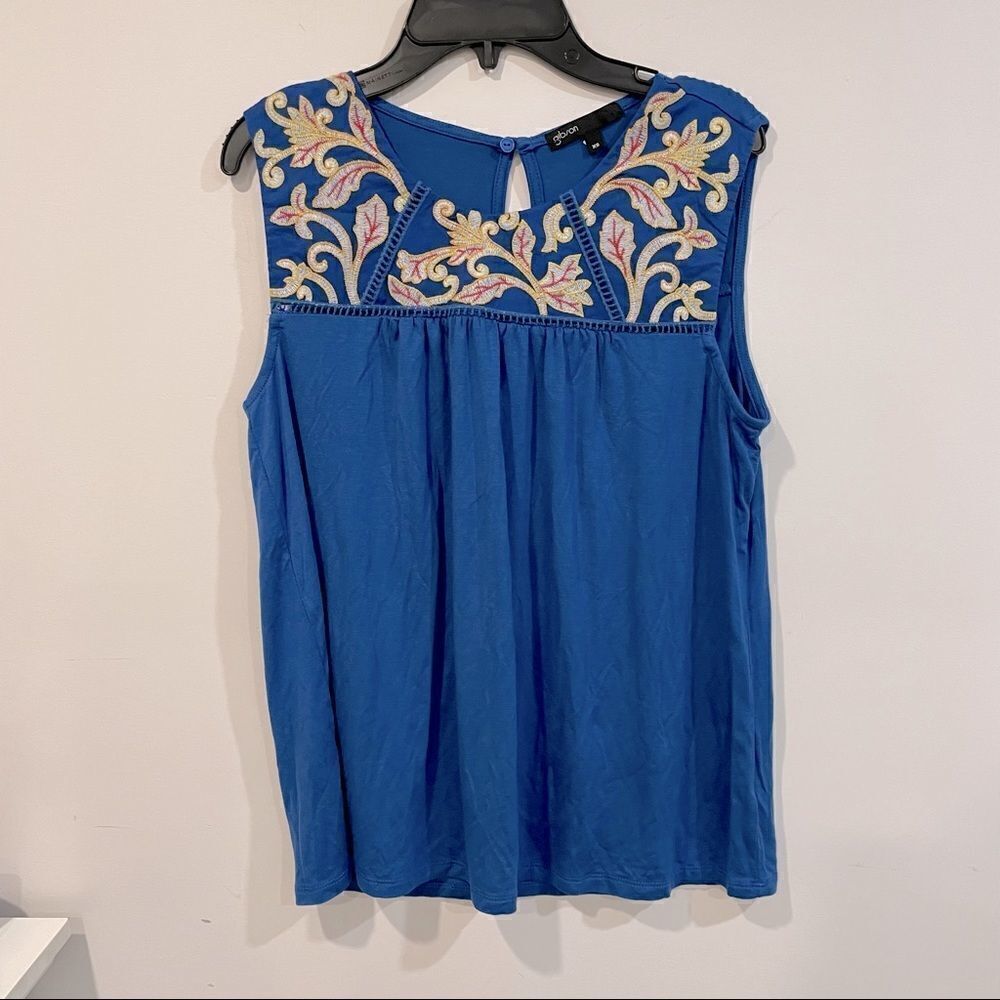 New Gibson Women Blue Sleeveless Top fit XS-S Embroidered Floral Print